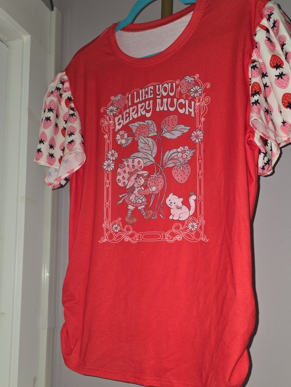 Kmwomens Strawberry Shortcake Graphic Tee - Red with Pink Strawberry Sleeves